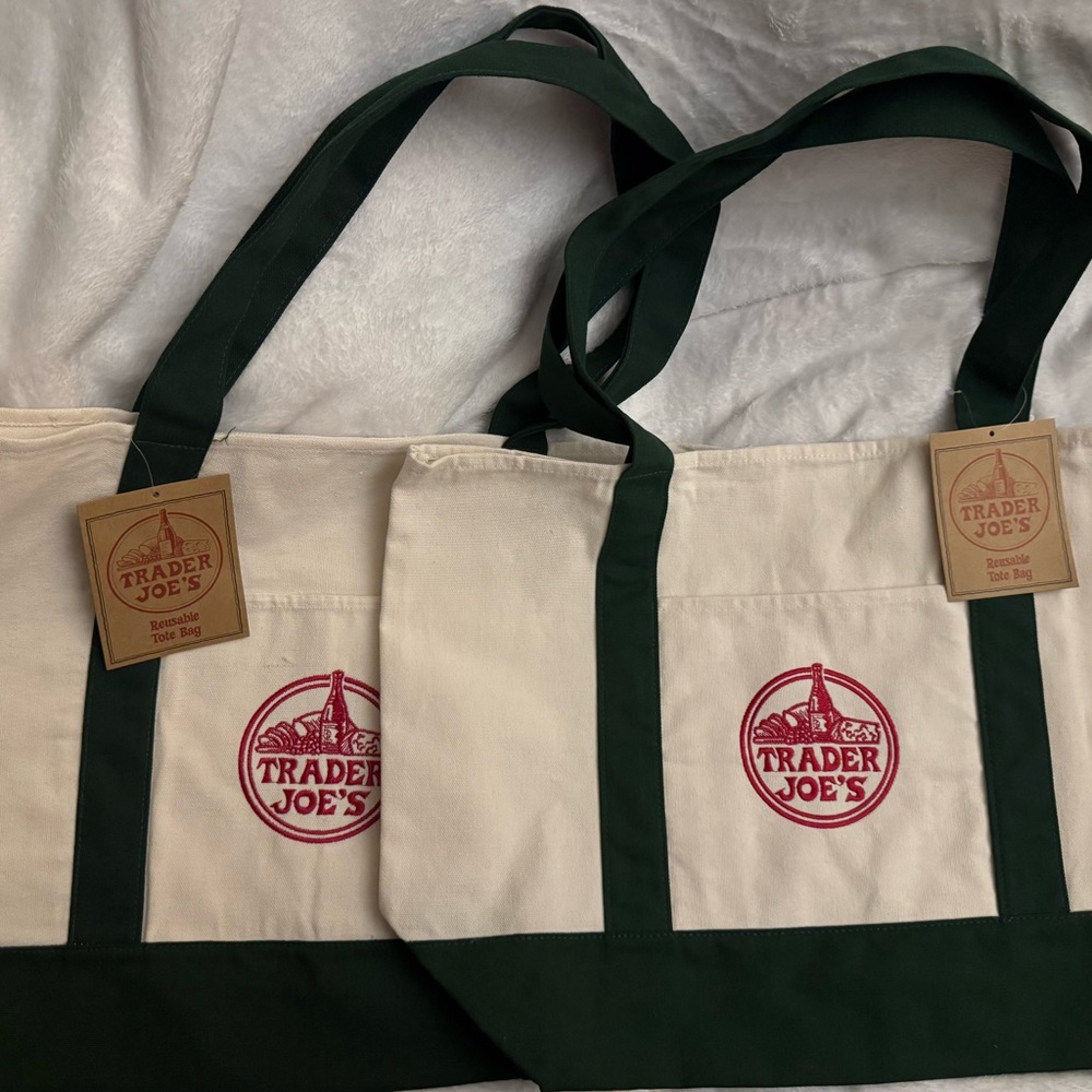 Set of 2 Trader Joes HUNTER GREEN Large Canvas Tote Bags NWT FREE GIFT FAST SHIP